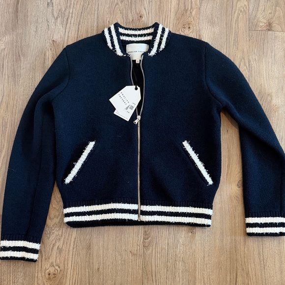 English Factory Navy Knit Bomber Jacket with White Stripes - Picture 2 of 3
